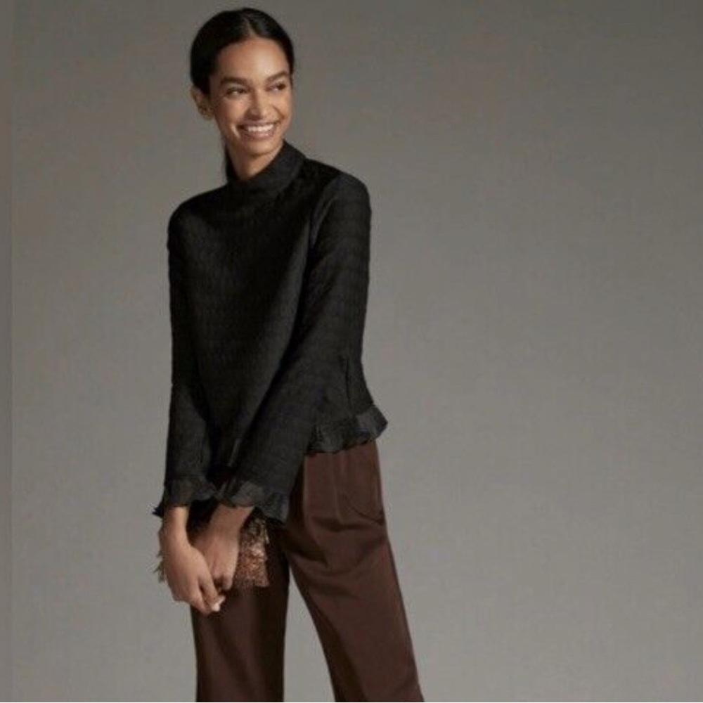 Anthropologie Blue Tassel Black Textured Ruffled Turtleneck Top NWT